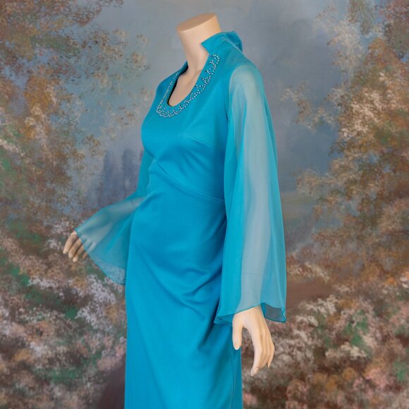 Vintage 70s ANGEL SLEEVE TURQUOISE Pearl Rhinestone Maxi Dress - Picture 8 of 12